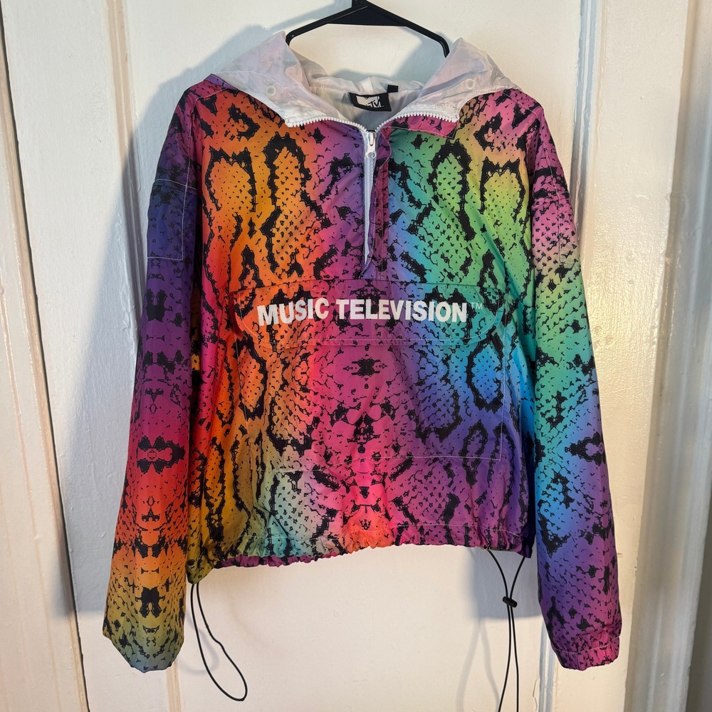 MTV Merch Music TV Rainbow Snakeskin Windbreaker Quarter Zip Whimsical Neon pop